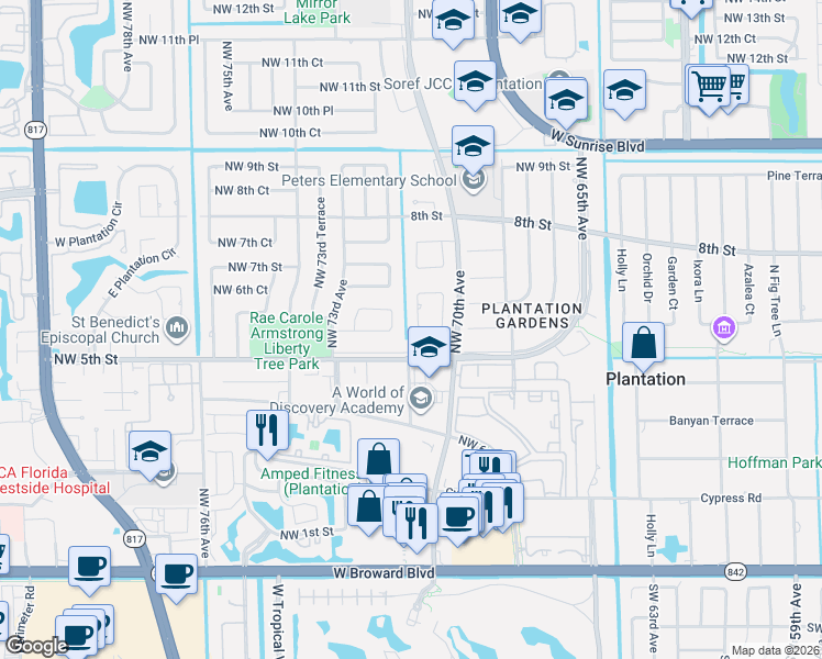 map of restaurants, bars, coffee shops, grocery stores, and more near 570 Northwest 72nd Avenue in Plantation