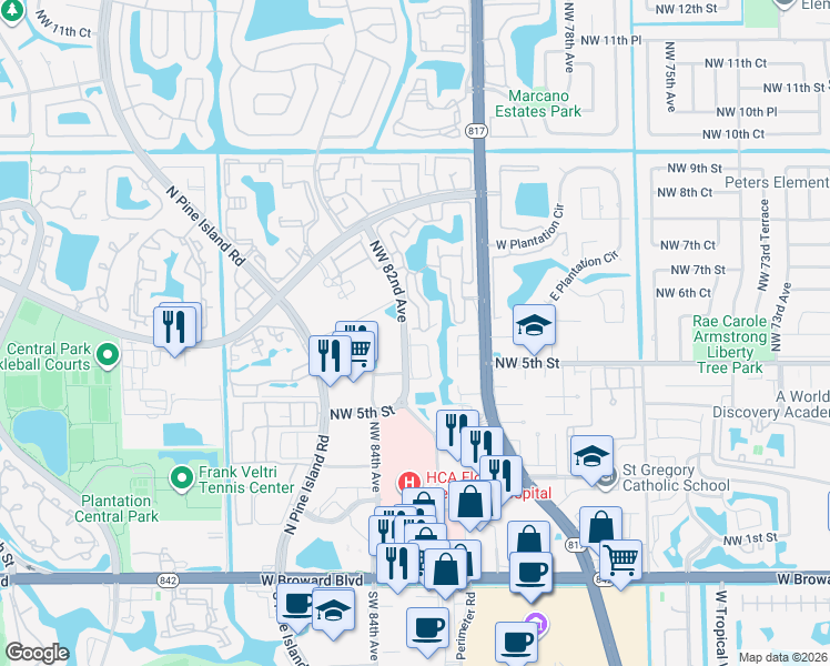 map of restaurants, bars, coffee shops, grocery stores, and more near 648-674 American Express Way in Plantation