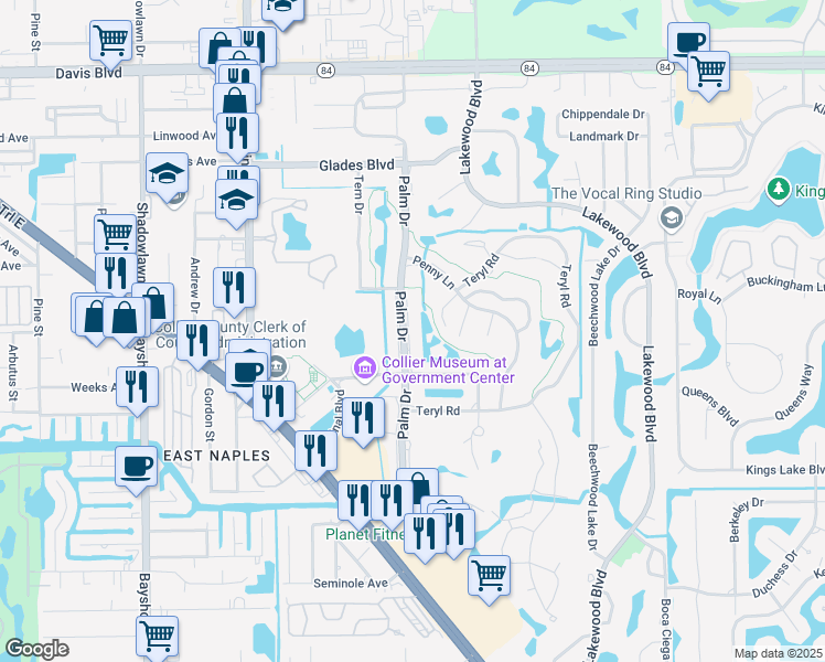 map of restaurants, bars, coffee shops, grocery stores, and more near 247 Palm Drive in Naples