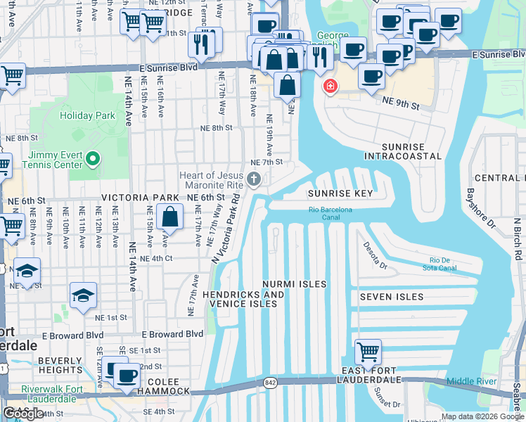map of restaurants, bars, coffee shops, grocery stores, and more near 1901 Sunrise Key Boulevard in Fort Lauderdale