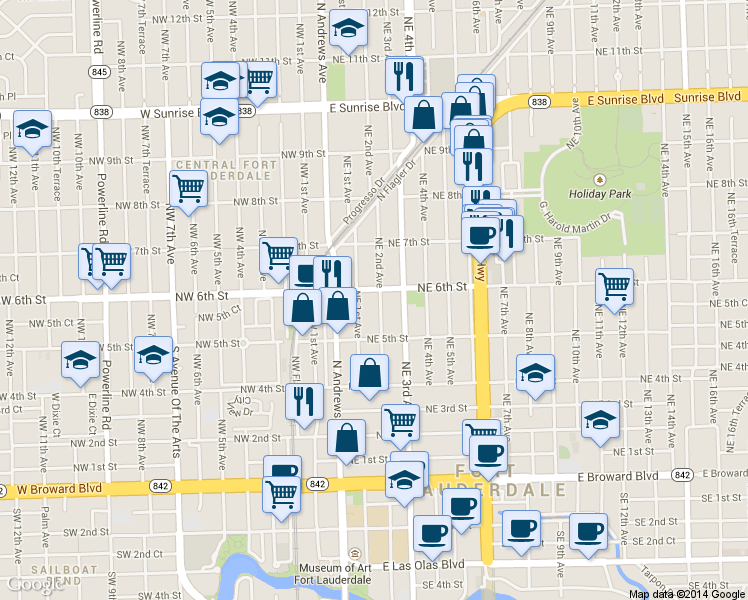 map of restaurants, bars, coffee shops, grocery stores, and more near 125 Northeast 6th Street in Fort Lauderdale