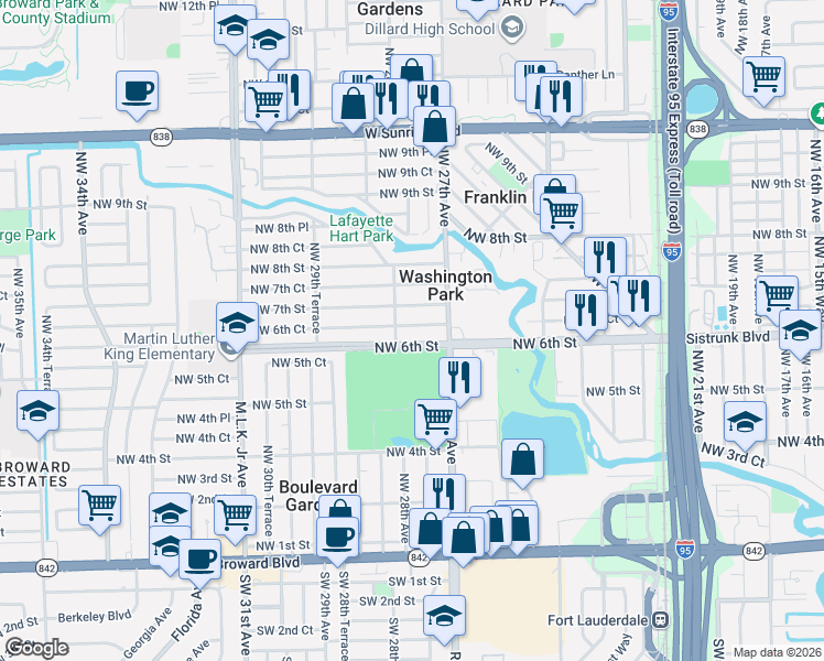 map of restaurants, bars, coffee shops, grocery stores, and more near 2732 Northwest 7th Street in Fort Lauderdale