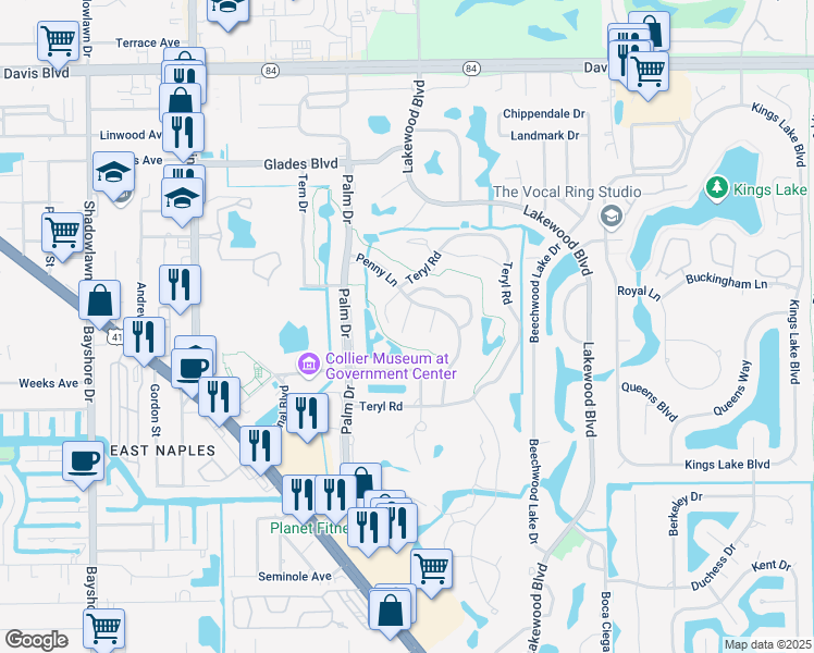 map of restaurants, bars, coffee shops, grocery stores, and more near 154 Penny Lane in Naples