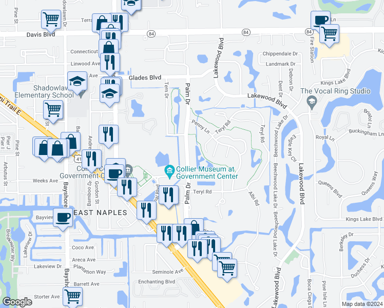 map of restaurants, bars, coffee shops, grocery stores, and more near 255 Palm Drive in Naples