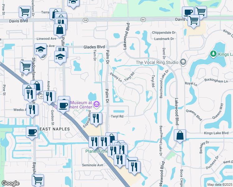 map of restaurants, bars, coffee shops, grocery stores, and more near 335 Palm Drive in Naples