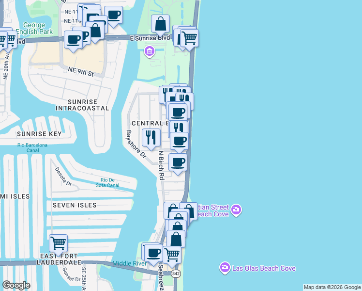map of restaurants, bars, coffee shops, grocery stores, and more near 505 North Fort Lauderdale Beach Boulevard in Fort Lauderdale