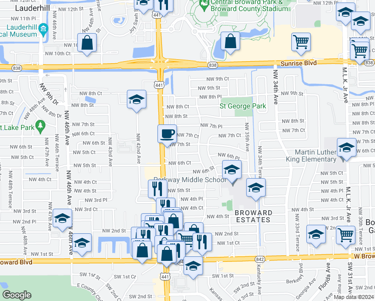 map of restaurants, bars, coffee shops, grocery stores, and more near 3831 Northwest 6th Place in Fort Lauderdale