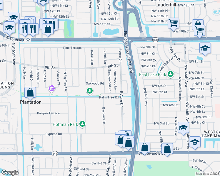 map of restaurants, bars, coffee shops, grocery stores, and more near 600 Sandlewood Lane in Plantation