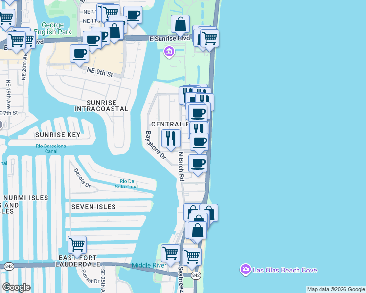 map of restaurants, bars, coffee shops, grocery stores, and more near 527 North Birch Road in Fort Lauderdale