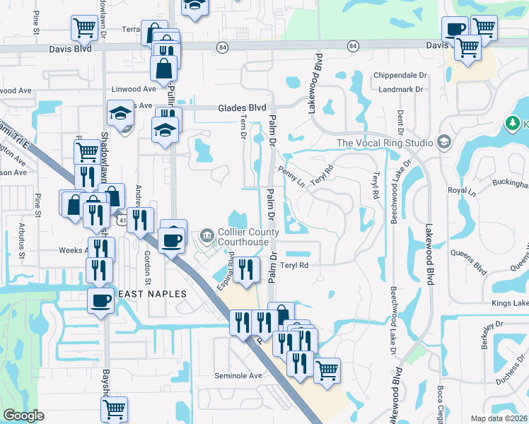 map of restaurants, bars, coffee shops, grocery stores, and more near 255 Palm Drive in Naples