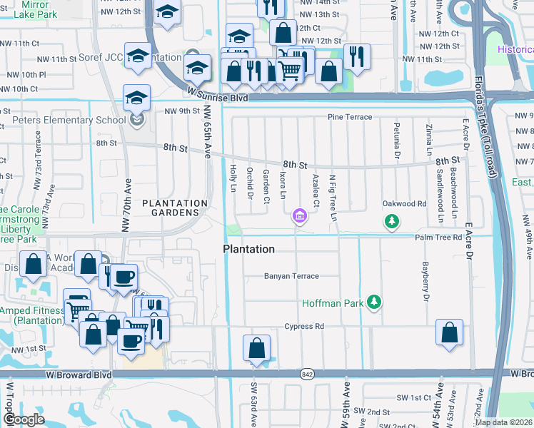 map of restaurants, bars, coffee shops, grocery stores, and more near 613 Garden Court in Plantation