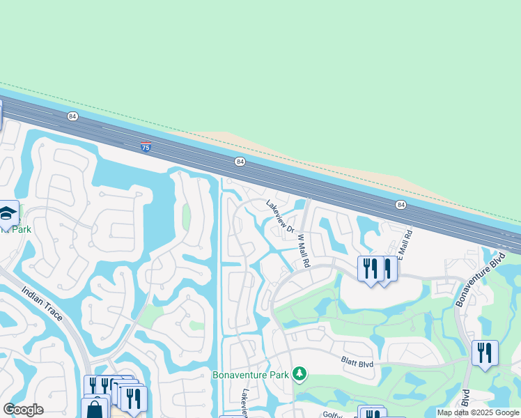 map of restaurants, bars, coffee shops, grocery stores, and more near 182 Lakeview Drive in Weston
