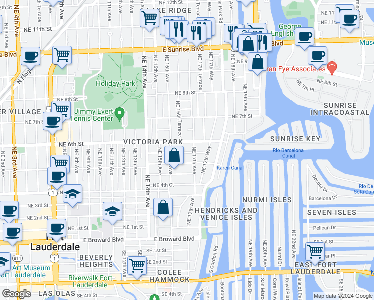map of restaurants, bars, coffee shops, grocery stores, and more near 545 Northeast 17th Avenue in Fort Lauderdale