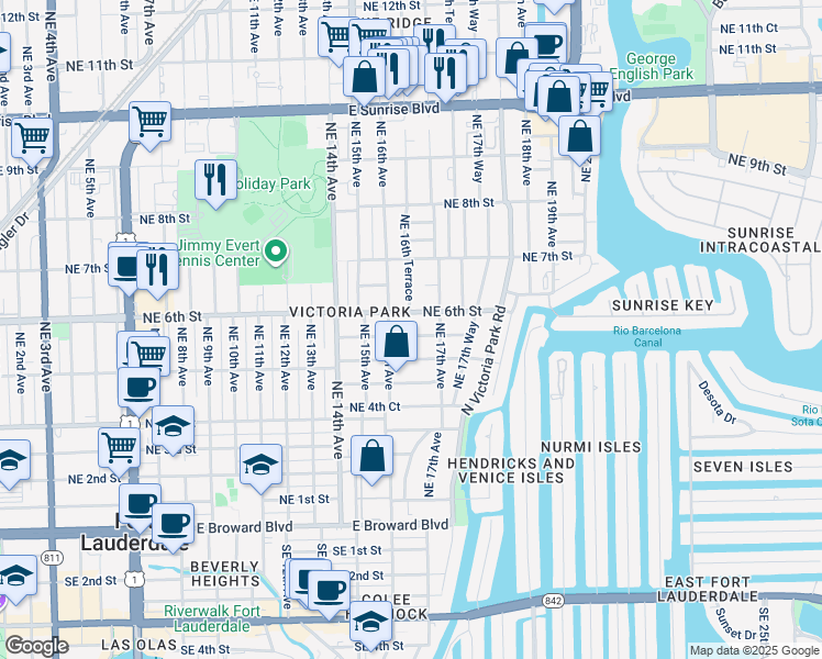map of restaurants, bars, coffee shops, grocery stores, and more near 1608 Northeast 6th Street in Fort Lauderdale