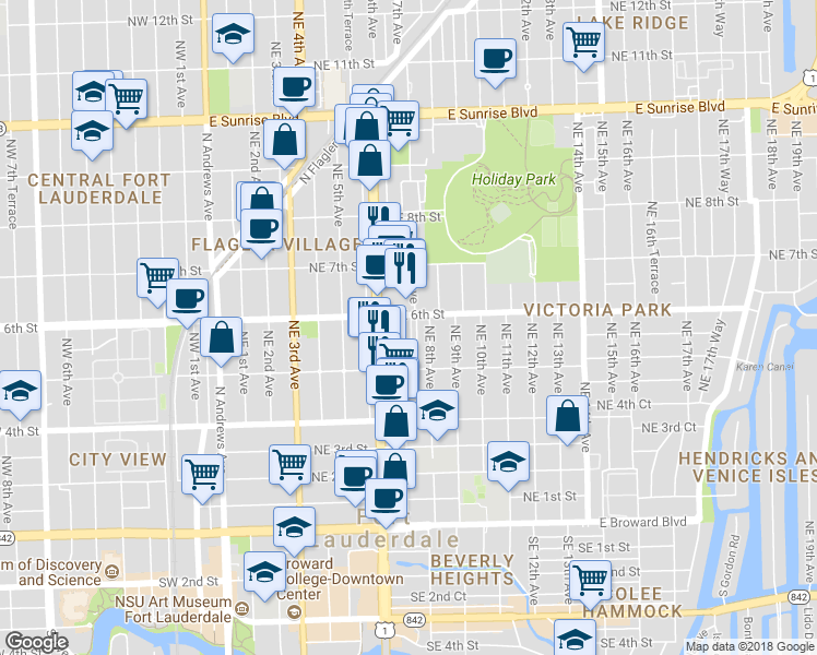 map of restaurants, bars, coffee shops, grocery stores, and more near 718 Northeast 6th Street in Fort Lauderdale