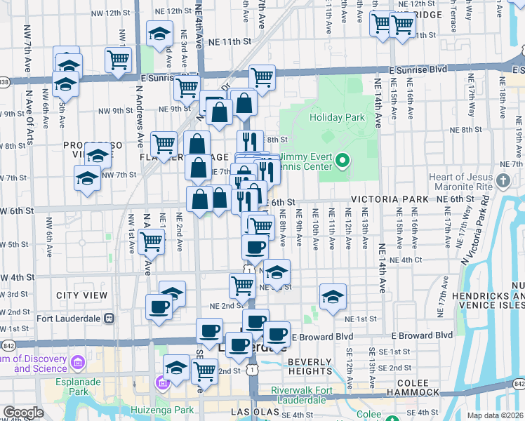 map of restaurants, bars, coffee shops, grocery stores, and more near 718 Northeast 6th Street in Fort Lauderdale