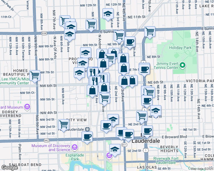 map of restaurants, bars, coffee shops, grocery stores, and more near 598 North Andrews Avenue in Fort Lauderdale