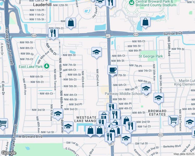 map of restaurants, bars, coffee shops, grocery stores, and more near 601 Northwest 42nd Avenue in Plantation