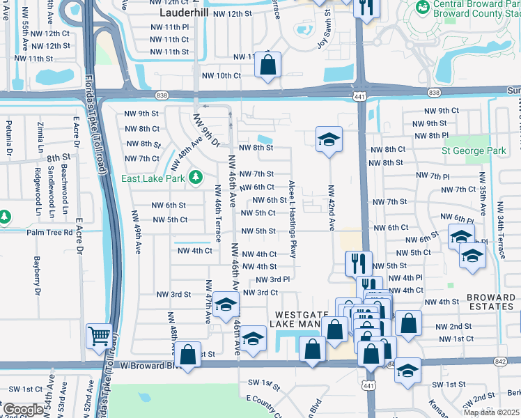 map of restaurants, bars, coffee shops, grocery stores, and more near 4400 Northwest 6th Street in Plantation