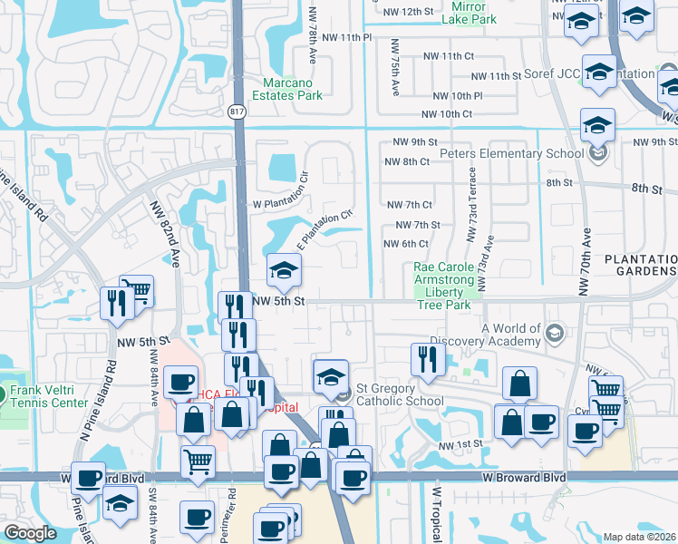 map of restaurants, bars, coffee shops, grocery stores, and more near 7601 Northwest 6th Street in Plantation