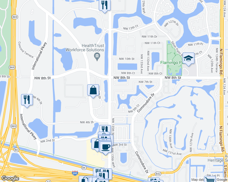 map of restaurants, bars, coffee shops, grocery stores, and more near 13532 Northwest 7th Street in Plantation