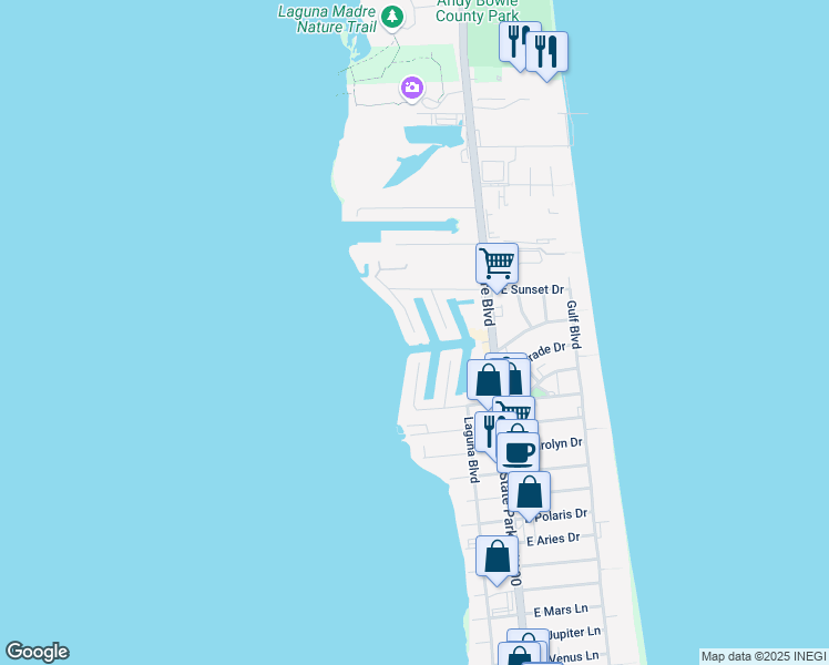 map of restaurants, bars, coffee shops, grocery stores, and more near 5703 Laguna Circle North in South Padre Island