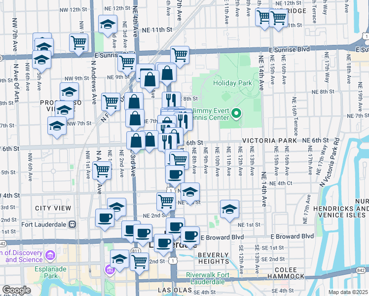 map of restaurants, bars, coffee shops, grocery stores, and more near 718 Northeast 6th Street in Fort Lauderdale