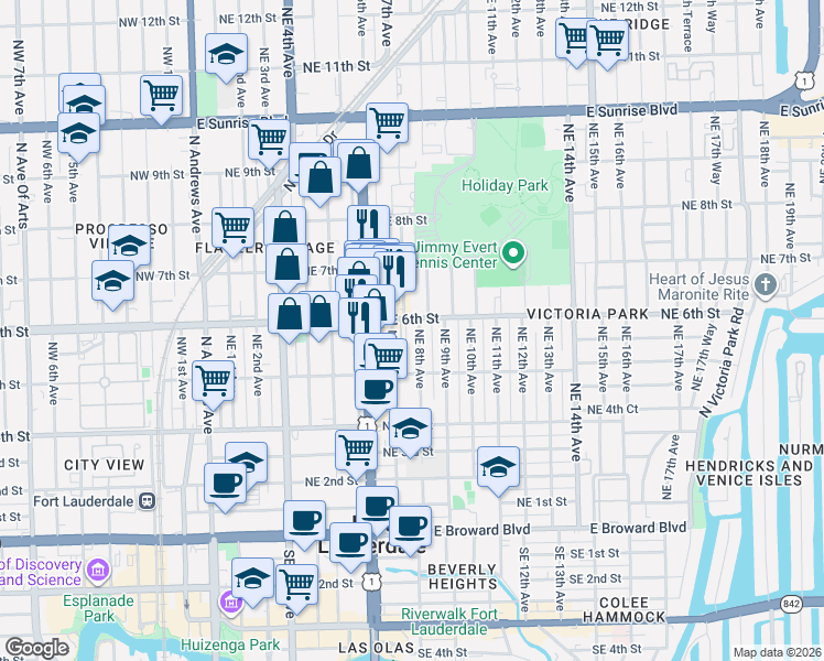 map of restaurants, bars, coffee shops, grocery stores, and more near 718 Northeast 6th Street in Fort Lauderdale