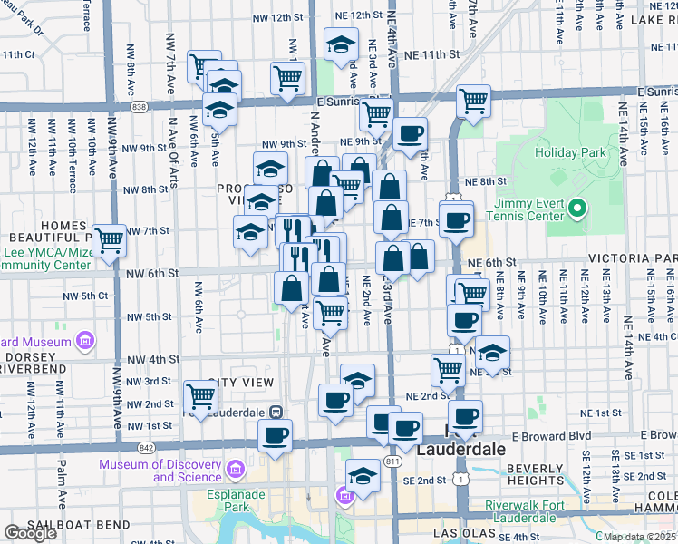 map of restaurants, bars, coffee shops, grocery stores, and more near 598 North Andrews Avenue in Fort Lauderdale