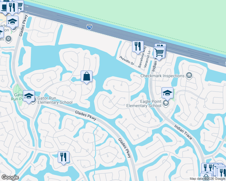 map of restaurants, bars, coffee shops, grocery stores, and more near 1041 Cedar Falls Drive in Weston