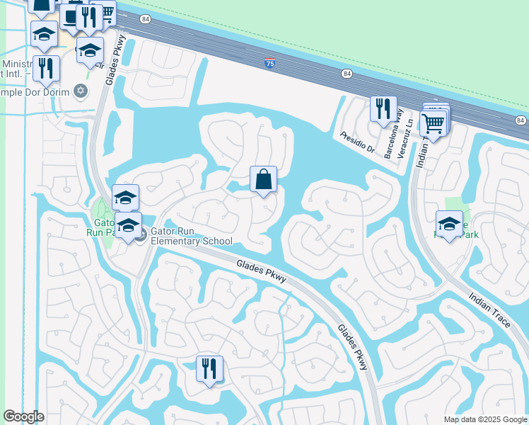 map of restaurants, bars, coffee shops, grocery stores, and more near 700 Vista Meadows Drive in Weston