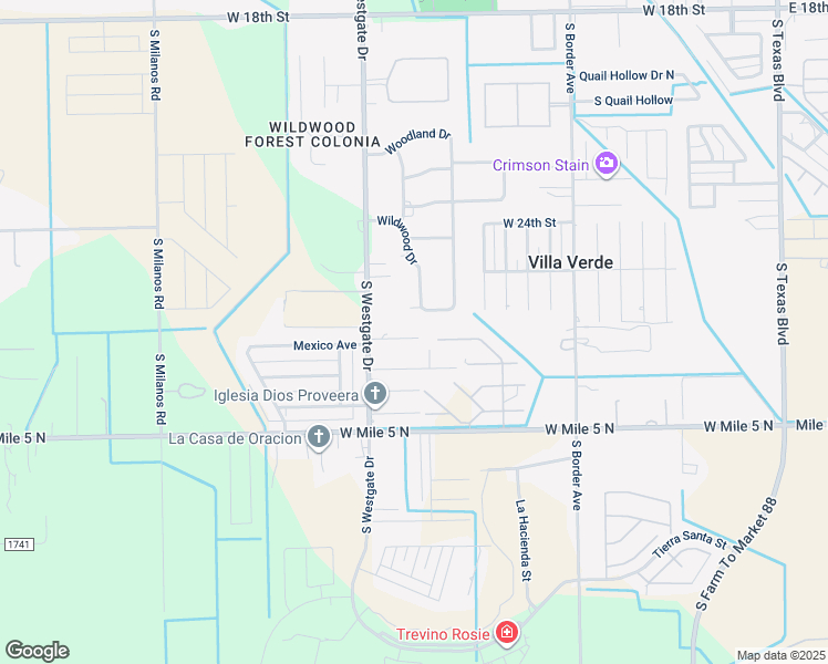 map of restaurants, bars, coffee shops, grocery stores, and more near 1513 Wildwood Drive in Weslaco