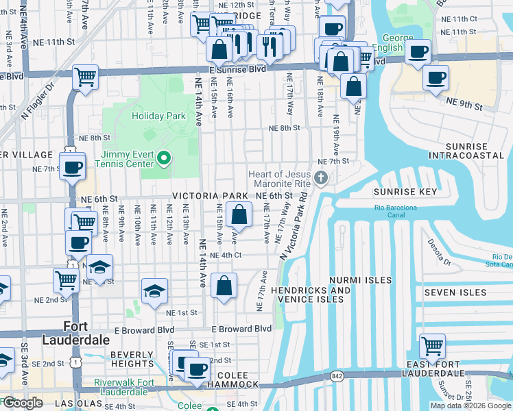 map of restaurants, bars, coffee shops, grocery stores, and more near 545 Northeast 17th Avenue in Fort Lauderdale