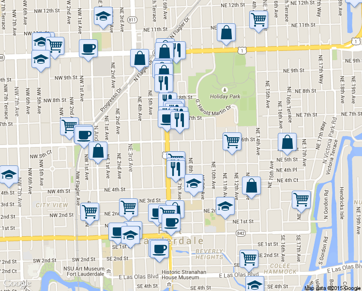 map of restaurants, bars, coffee shops, grocery stores, and more near 718 Northeast 6th Street in Fort Lauderdale