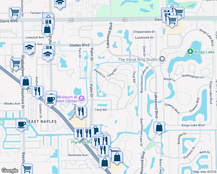 map of restaurants, bars, coffee shops, grocery stores, and more near 154 Penny Lane in Naples