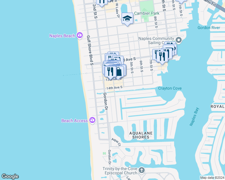 map of restaurants, bars, coffee shops, grocery stores, and more near 241 14th Avenue South in Naples