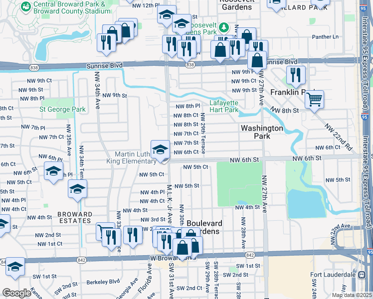 map of restaurants, bars, coffee shops, grocery stores, and more near 3050 Northwest 7th Street in Fort Lauderdale