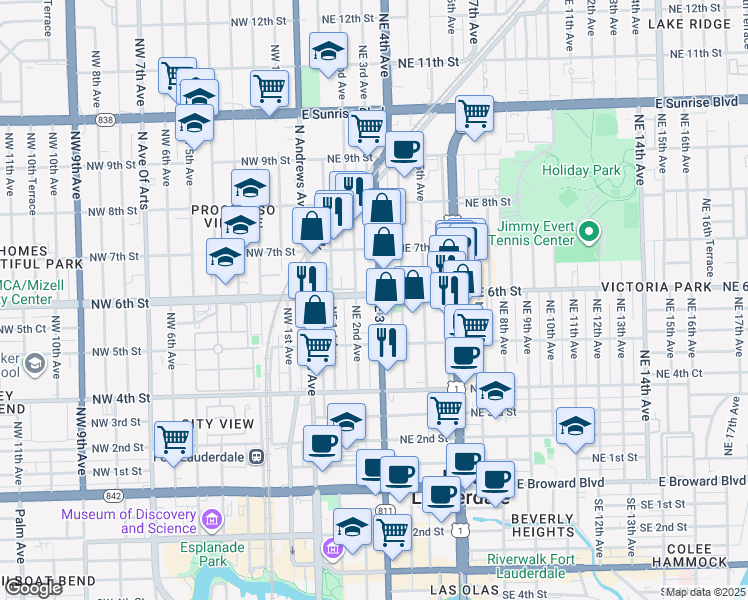map of restaurants, bars, coffee shops, grocery stores, and more near 600 Northeast 3rd Avenue in Fort Lauderdale