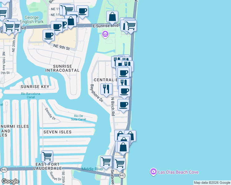 map of restaurants, bars, coffee shops, grocery stores, and more near 527 North Birch Road in Fort Lauderdale