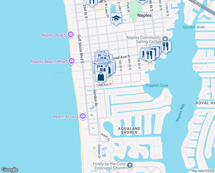 map of restaurants, bars, coffee shops, grocery stores, and more near 345 14th Avenue South in Naples