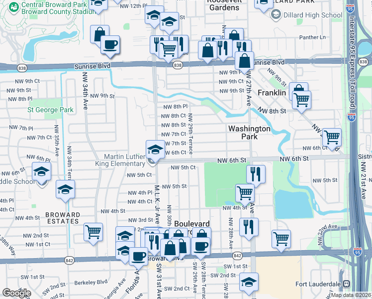 map of restaurants, bars, coffee shops, grocery stores, and more near 2930 Northwest 7th Street in Fort Lauderdale