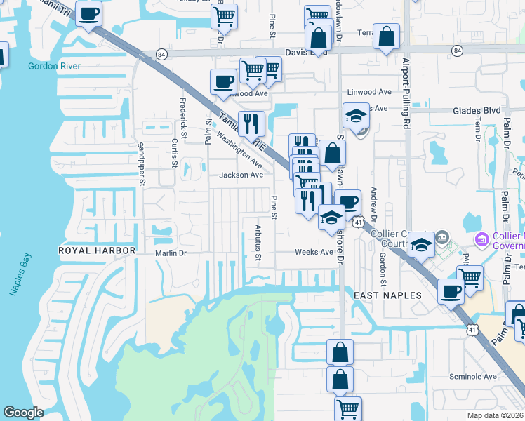 map of restaurants, bars, coffee shops, grocery stores, and more near Pier J in Naples