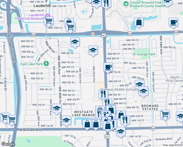 map of restaurants, bars, coffee shops, grocery stores, and more near 601 Northwest 42nd Avenue in Plantation