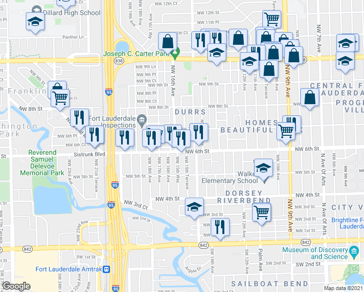 map of restaurants, bars, coffee shops, grocery stores, and more near 625 Northwest 15th Terrace in Fort Lauderdale