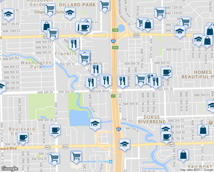 map of restaurants, bars, coffee shops, grocery stores, and more near 621 Northwest 21st Avenue in Fort Lauderdale