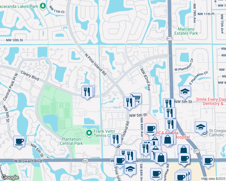 map of restaurants, bars, coffee shops, grocery stores, and more near 8800 Cleary Boulevard in Plantation