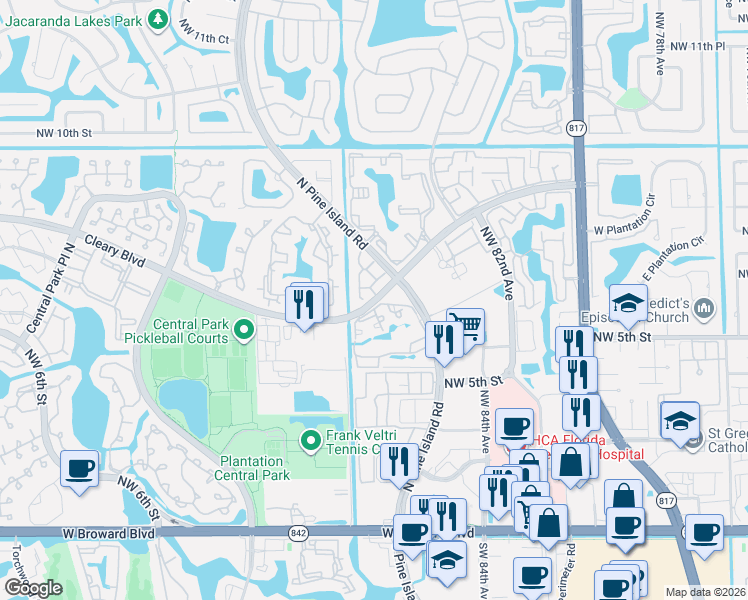map of restaurants, bars, coffee shops, grocery stores, and more near 8800 Cleary Boulevard in Plantation