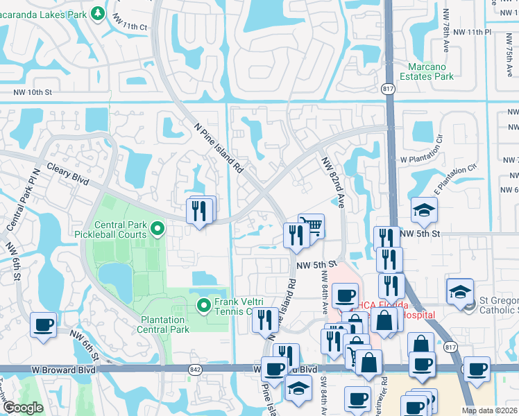 map of restaurants, bars, coffee shops, grocery stores, and more near 8800 Cleary Boulevard in Plantation