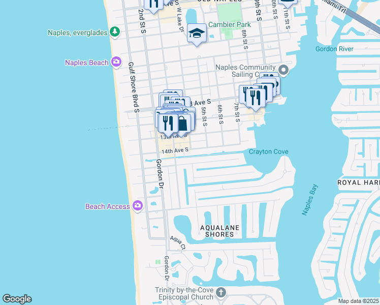 map of restaurants, bars, coffee shops, grocery stores, and more near 390 14th Avenue South in Naples