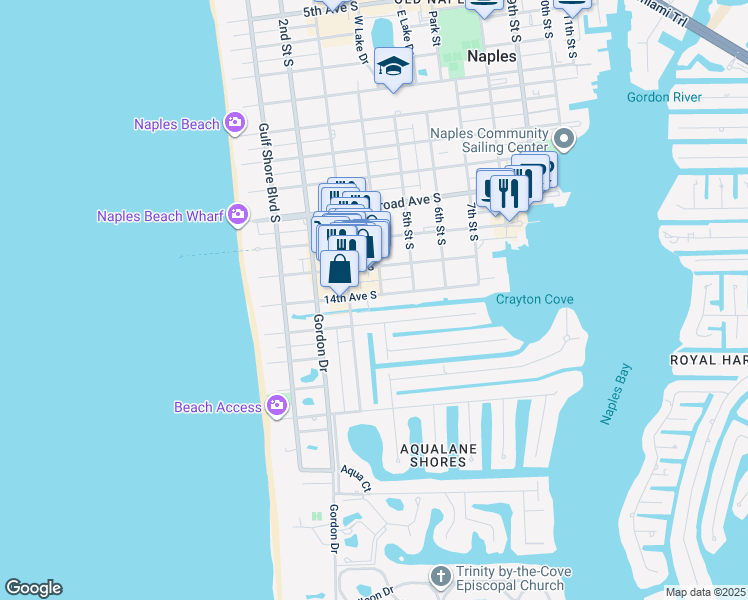 map of restaurants, bars, coffee shops, grocery stores, and more near 345 14th Avenue South in Naples
